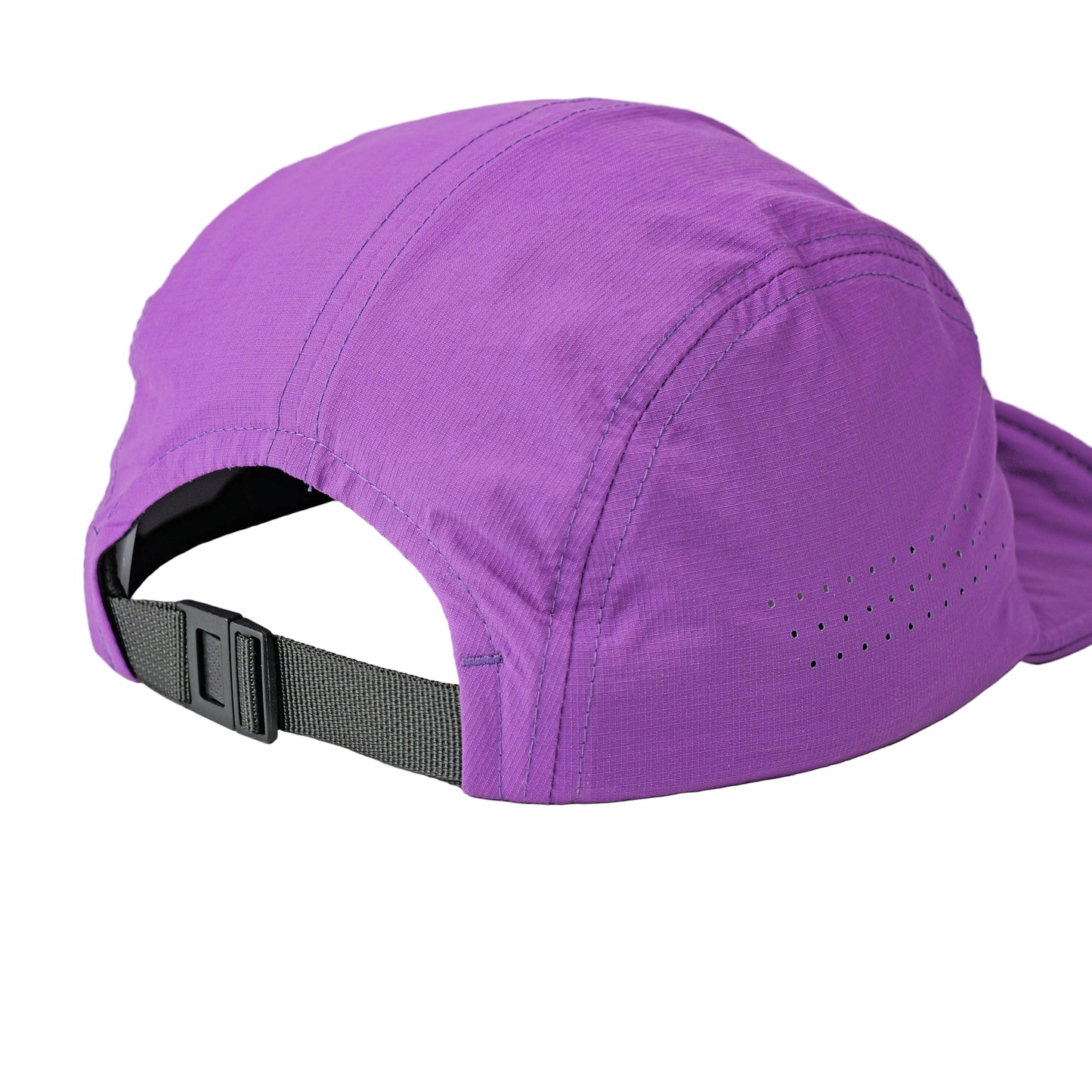 A purple running cap shown from a rear three-quarter angle, featuring a black adjustable strap and ventilation eyelets on the side, set against a plain light gray background.