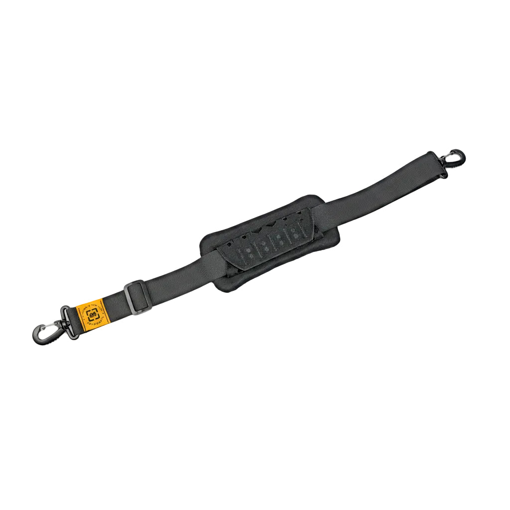 Inline Skates shoulder sling strap with a central padded support pad, metal carabiner clips on both ends, and a small yellow brand tag, shown on a clean white background.