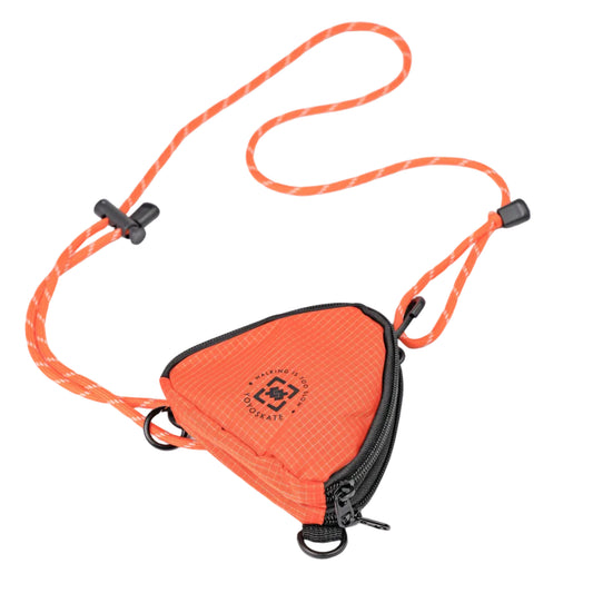 An YOYOSKATE orange and black triangular zippered pouch with an orange braided strap and black plastic clips, shown on a clean white background.