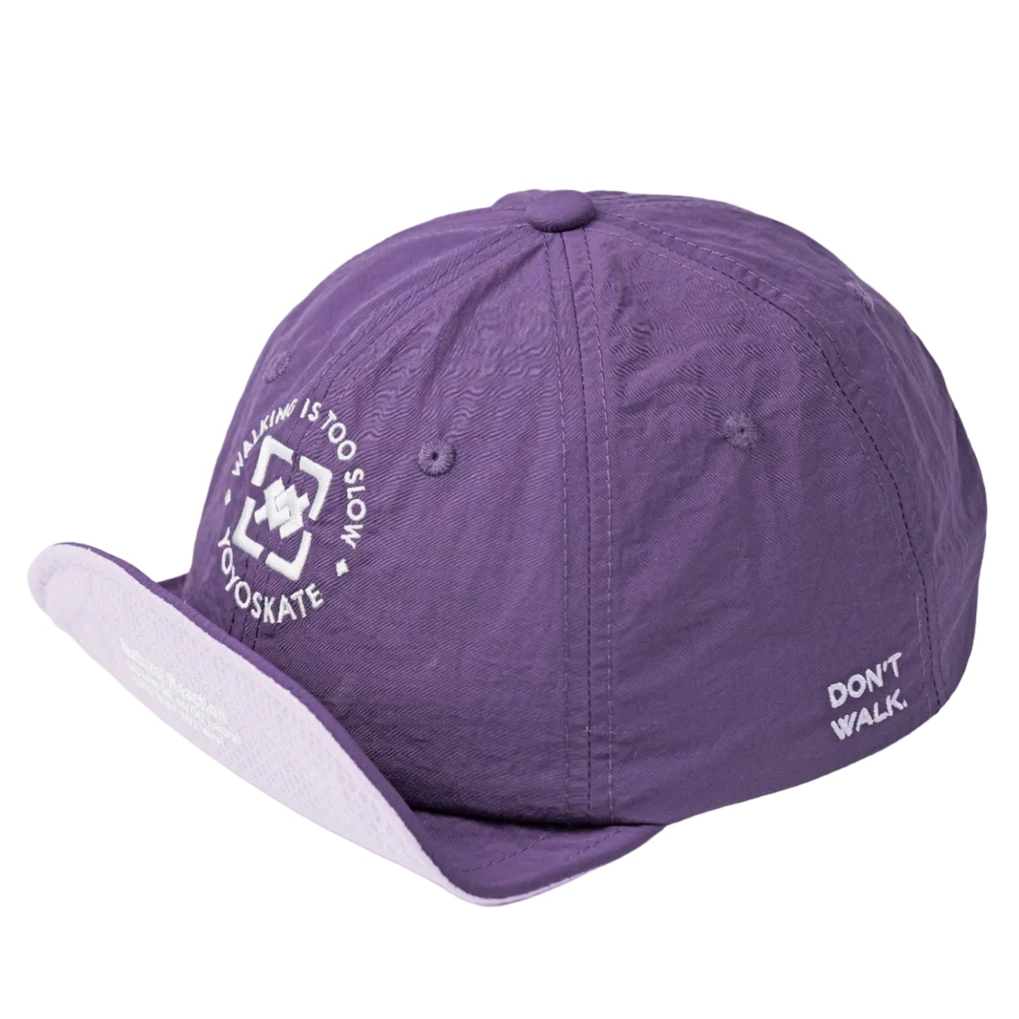 A purple baseball cap with a contrasting light lavender visor, featuring white embroidered graphics and text on the side, set against a plain white background.