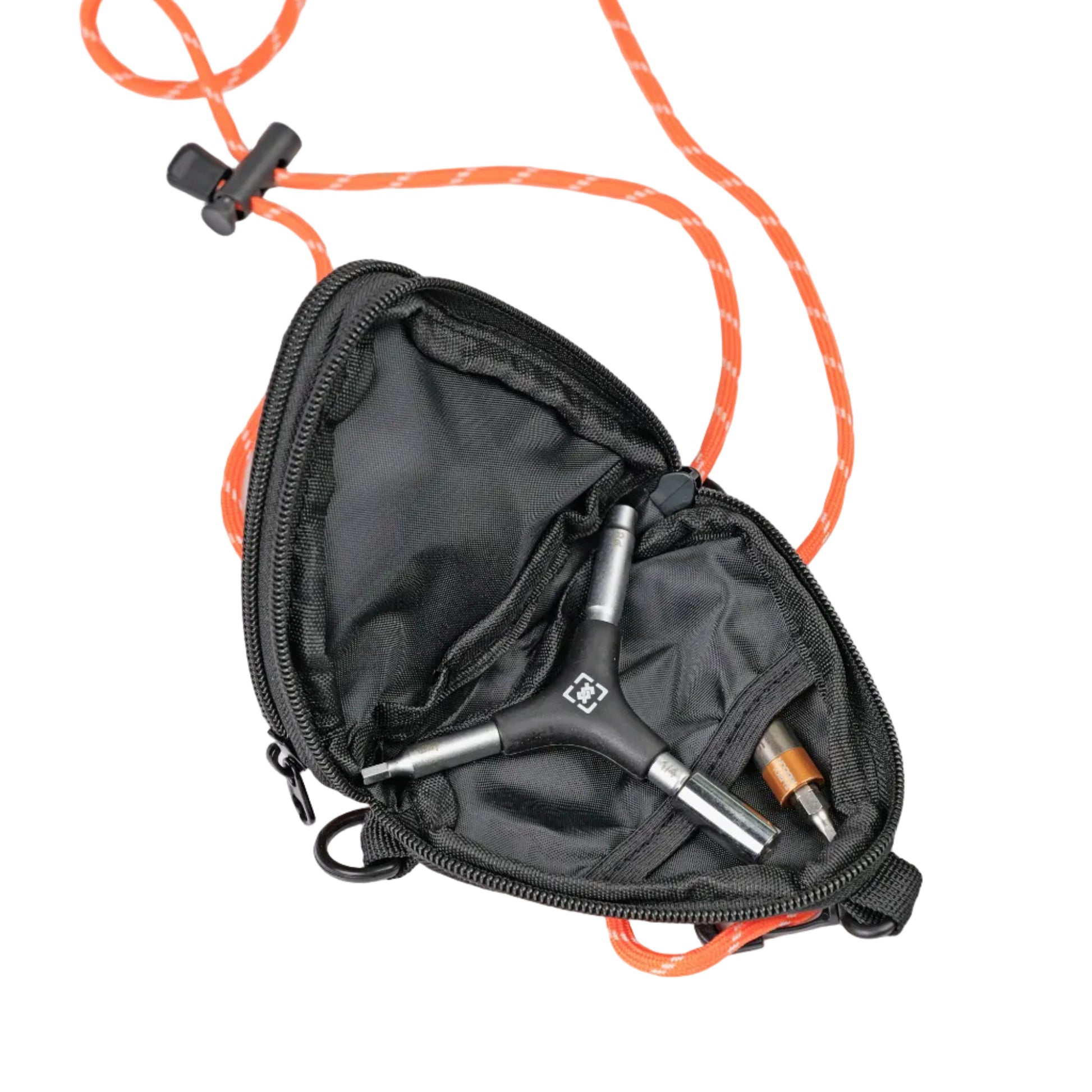 An YOYOSKATE open black zippered pouch containing a silver and black T-bar handlebar grip, with an orange braided strap and black plastic toggle, photographed on a light gray background.